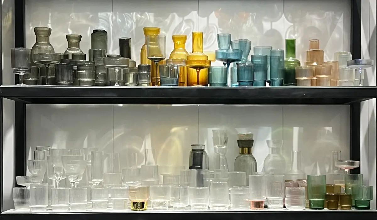Custom glassware display with different colors, shapes, and cup styles