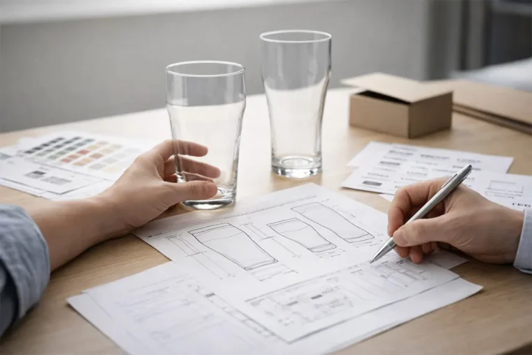Beer glass OEM sample development with clear pint and pilsner glass prototypes, technical drawings, and specification confirmation on worktable