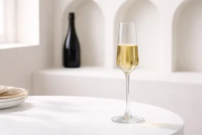 Classic champagne flute with sparkling wine on a white table in a minimalist interior setting