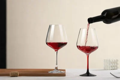 Two red wine glasses with red wine on a restaurant-style table for red wine glasses category