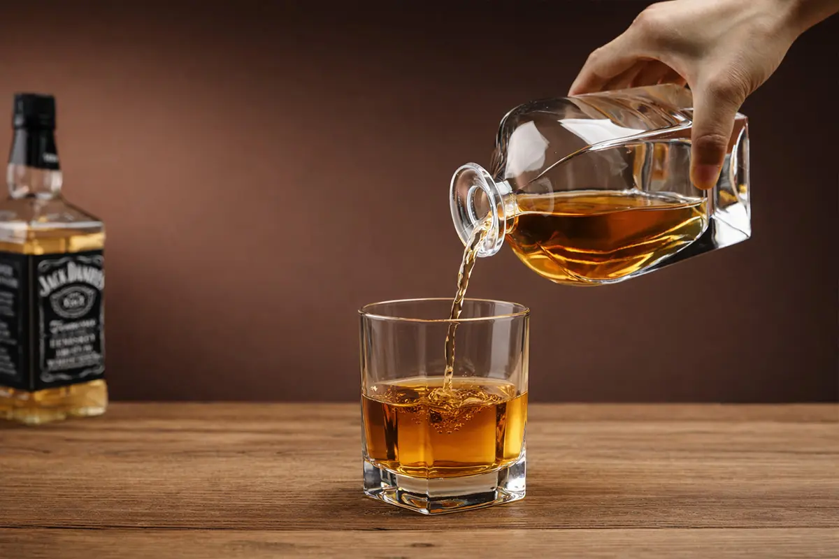 Whiskey being poured into a rocks old fashioned glass on a wooden table
