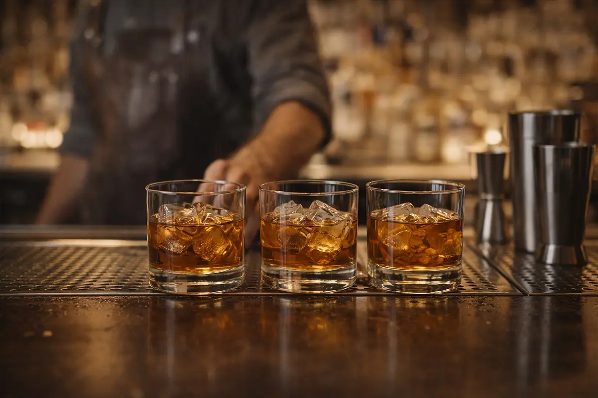Matching whiskey tumblers in a professional bar service setting
