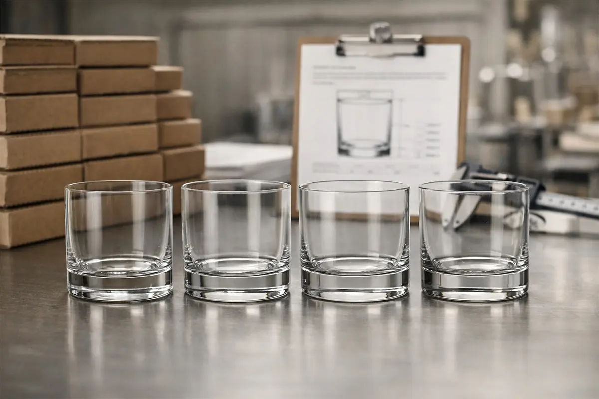 Matching whiskey tumblers in a professional bar service setting