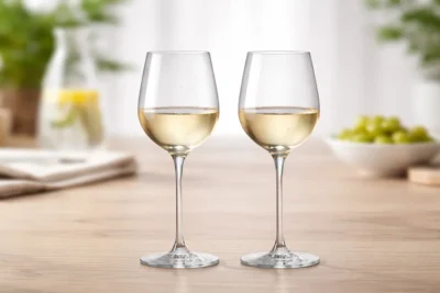 Two white wine glasses with pale white wine on a light wood table in a bright hospitality setting