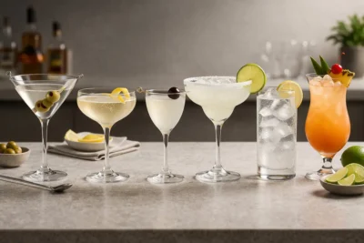 Assorted cocktail glasses on a bar counter including martini, coupe, Nick and Nora, margarita, highball, and hurricane styles