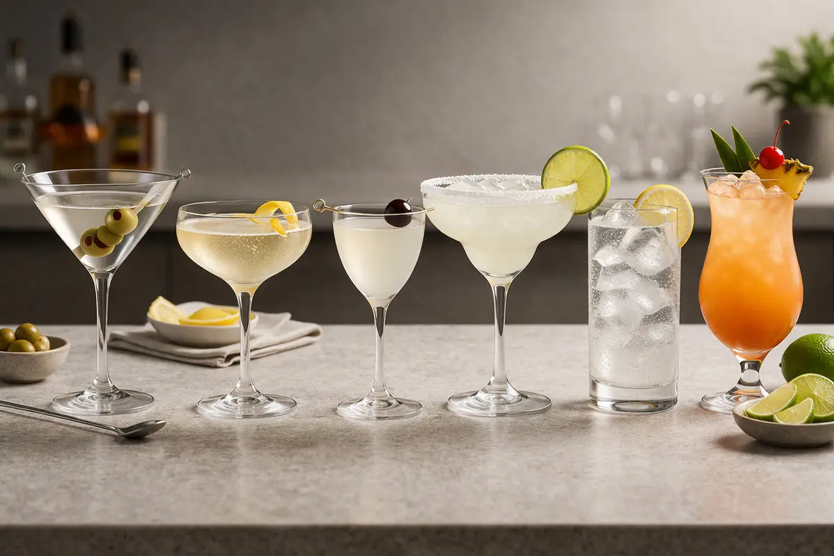 Assorted cocktail glasses on a bar counter including martini, coupe, Nick and Nora, margarita, highball, and hurricane styles