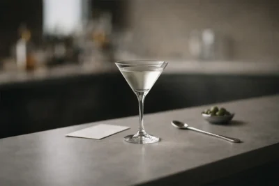 Classic martini glass on a clean bar counter for cocktail menu presentation