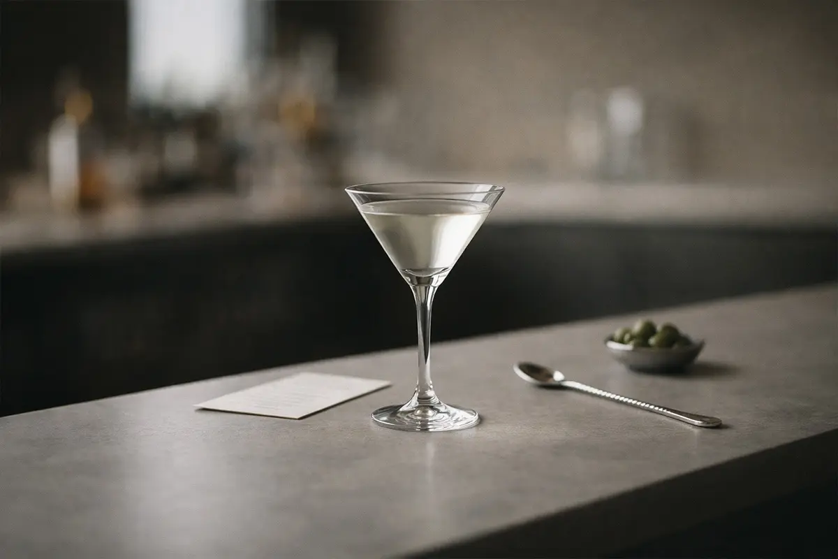 Classic martini glass on a clean bar counter for cocktail menu presentation
