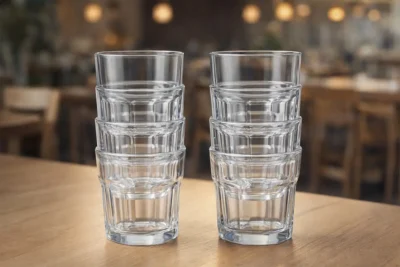 Stackable tumbler glasses for hospitality and wholesale programs