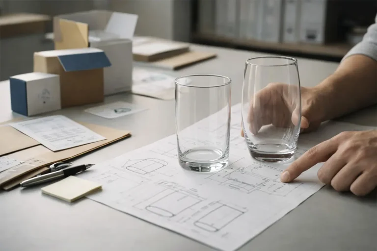 Tumbler and water glass specification confirmation with sample glasses, technical drawings, and packaging references