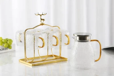 Textured tumbler and water glass set with glass pitcher for custom finish and packaging programs