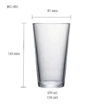 Beer glass size chart for model BG-001 with 470 ml capacities, including height and rim diameter.