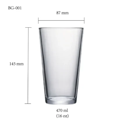 Beer glass size chart for model BG-001 with 470 ml capacities, including height and rim diameter.