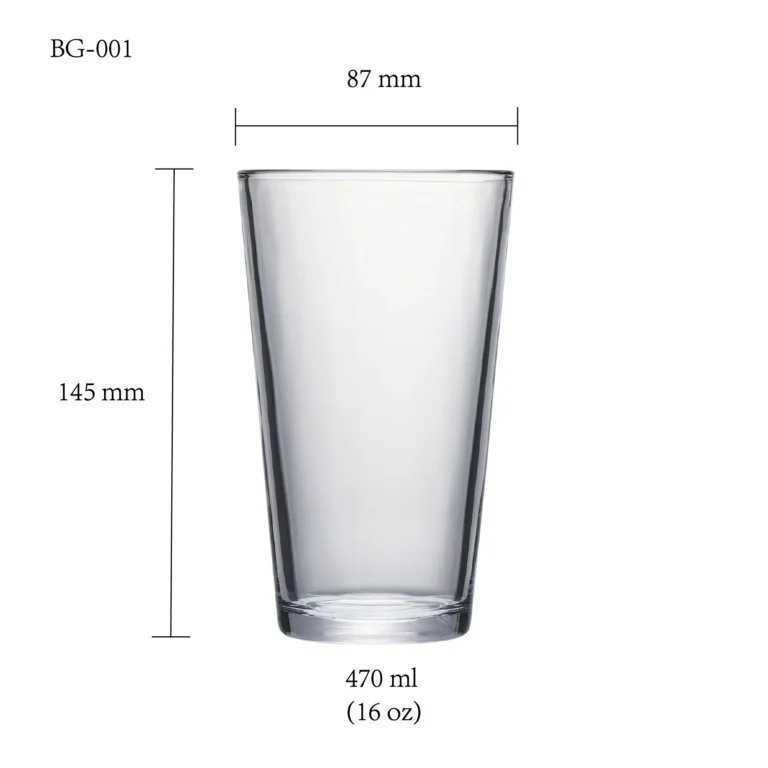 Beer glass size chart for model BG-001 with 470 ml capacities, including height and rim diameter.