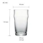 Beer glass size chart for model BG-002 with 570 ml capacities, including height and rim diameter.