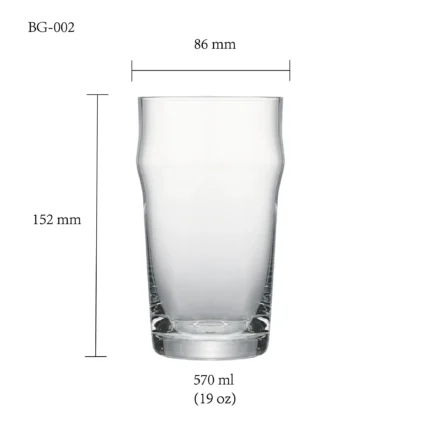 Beer glass size chart for model BG-002 with 570 ml capacities, including height and rim diameter.