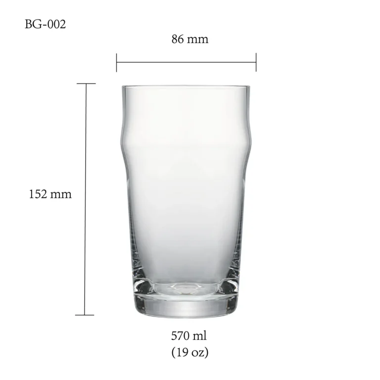 Beer glass size chart for model BG-002 with 570 ml capacities, including height and rim diameter.