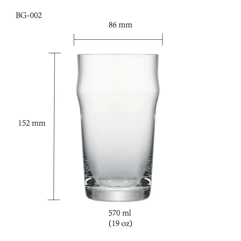 Beer glass size chart for model BG-002 with 570 ml capacities, including height and rim diameter.