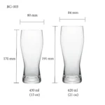 Beer glass size chart for model BG-003 with 430 ml and 620 ml capacities, including height and rim diameter.