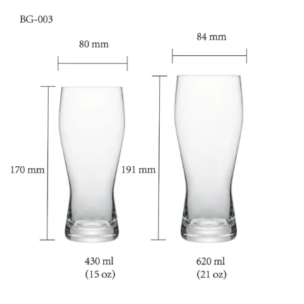 Beer glass size chart for model BG-003 with 430 ml and 620 ml capacities, including height and rim diameter.