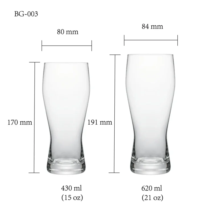 Beer glass size chart for model BG-003 with 430 ml and 620 ml capacities, including height and rim diameter.
