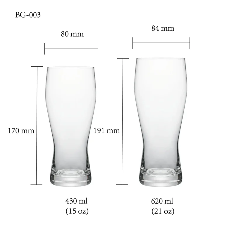 Beer glass size chart for model BG-003 with 430 ml and 620 ml capacities, including height and rim diameter.