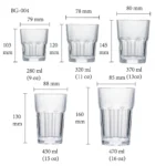 Beer glass size chart for model BG-004 with 280-470 ml capacities, including height and rim diameter.