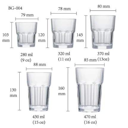 Beer glass size chart for model BG-004 with 280-470 ml capacities, including height and rim diameter.