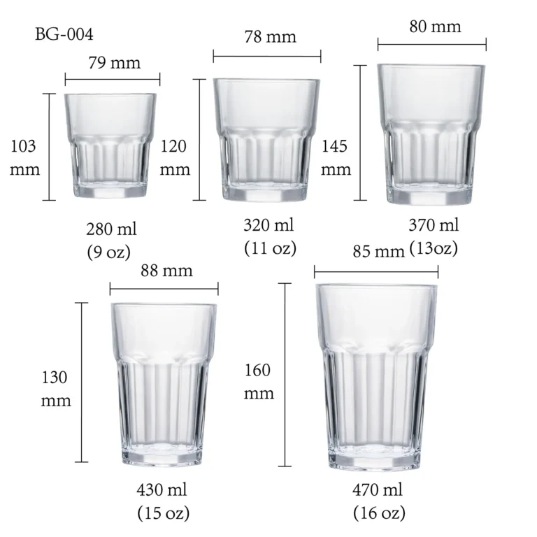 Beer glass size chart for model BG-004 with 280-470 ml capacities, including height and rim diameter.