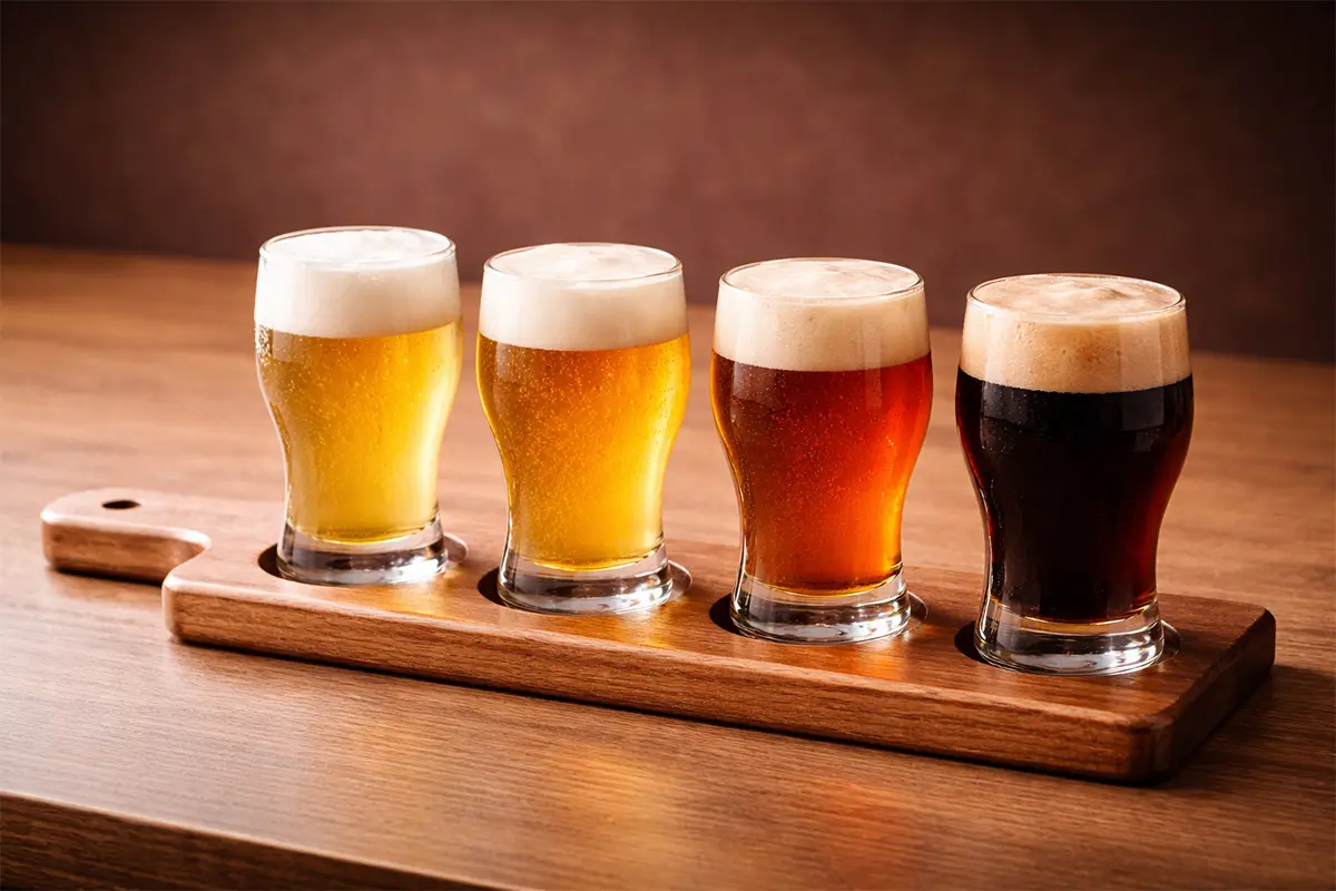 Beer tasting sampler glasses arranged on a wooden flight paddle