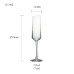Champagne flute glass size chart for model CG-002 with 210 ml capacities, including height and rim diameter.