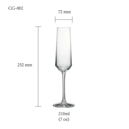 Champagne flute glass size chart for model CG-002 with 210 ml capacities, including height and rim diameter.