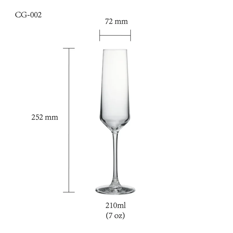 Champagne flute glass size chart for model CG-002 with 210 ml capacities, including height and rim diameter.