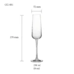 Champagne glass size chart for model CG-001 with 230 ml capacities, including height and rim diameter.