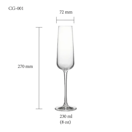 Champagne glass size chart for model CG-001 with 230 ml capacities, including height and rim diameter.