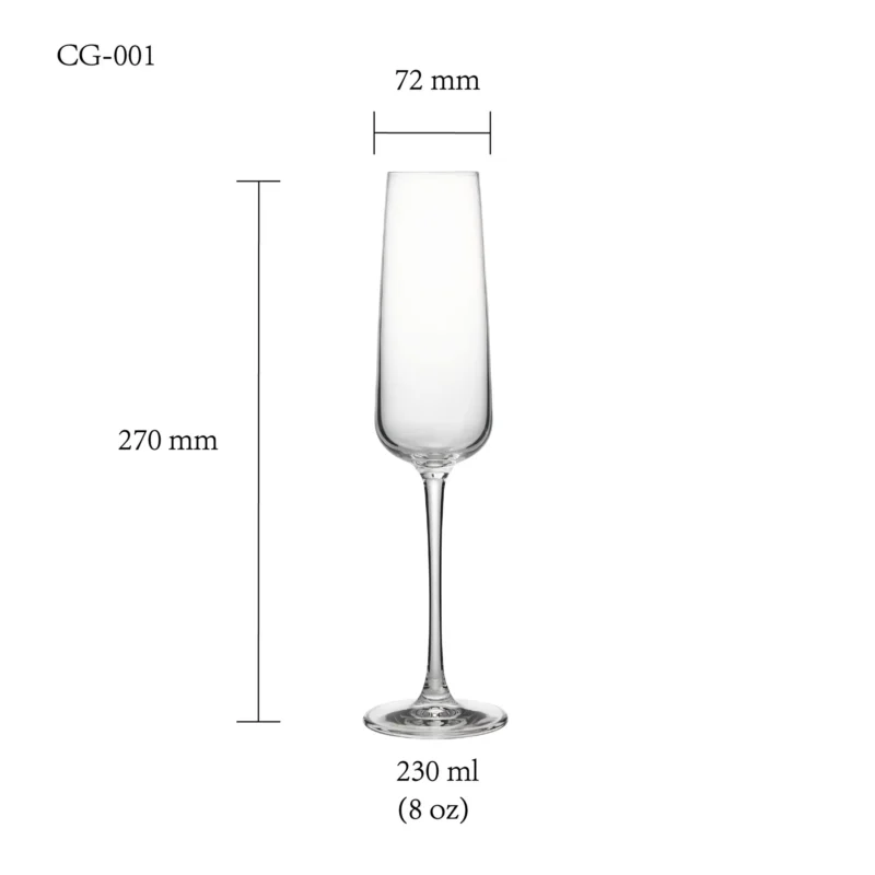 Champagne glass size chart for model CG-001 with 230 ml capacities, including height and rim diameter.