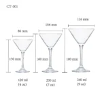 Cocktail glass size chart for model CT-001 with 120-260 ml capacities, including height and rim diameter.