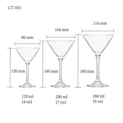 Cocktail glass size chart for model CT-001 with 120-260 ml capacities, including height and rim diameter.