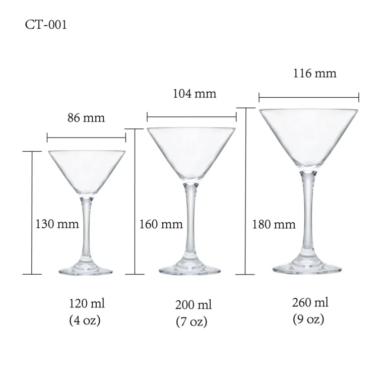 Cocktail glass size chart for model CT-001 with 120-260 ml capacities, including height and rim diameter.