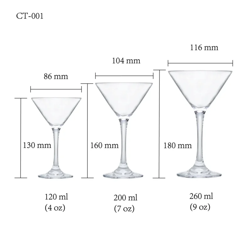 Cocktail glass size chart for model CT-001 with 120-260 ml capacities, including height and rim diameter.