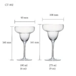 Cocktail glass size chart for model CT-002 with 190-275 ml capacities, including height and rim diameter.