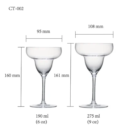 Cocktail glass size chart for model CT-002 with 190-275 ml capacities, including height and rim diameter.