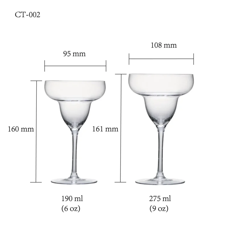 Cocktail glass size chart for model CT-002 with 190-275 ml capacities, including height and rim diameter.