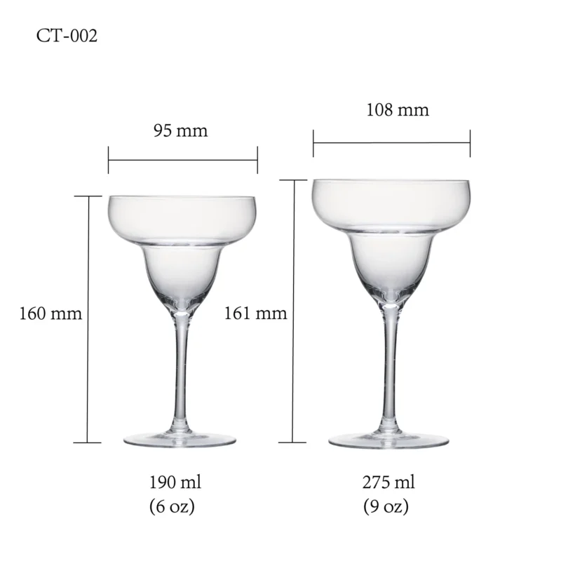 Cocktail glass size chart for model CT-002 with 190-275 ml capacities, including height and rim diameter.