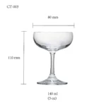 Cocktail glass size chart for model CT-003 with 190-140 ml capacities, including height and rim diameter.