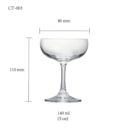 Cocktail glass size chart for model CT-003 with 190-140 ml capacities, including height and rim diameter.