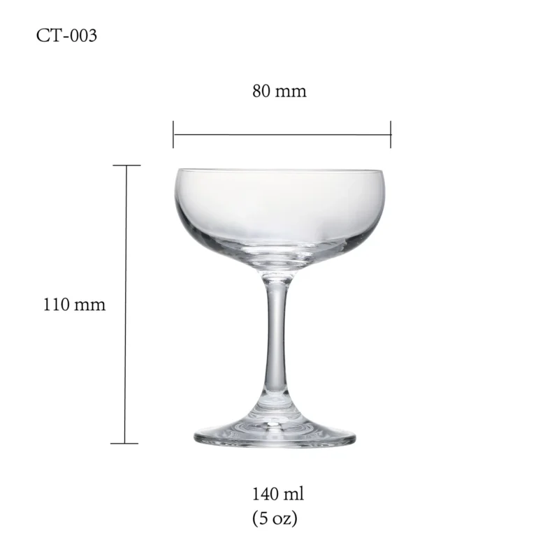 Cocktail glass size chart for model CT-003 with 190-140 ml capacities, including height and rim diameter.