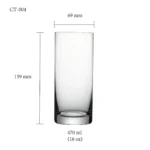 Cocktail glass size chart for model CT-004 with 190-470 ml capacities, including height and rim diameter.