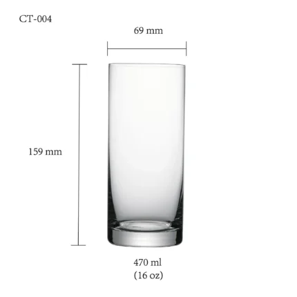 Cocktail glass size chart for model CT-004 with 190-470 ml capacities, including height and rim diameter.