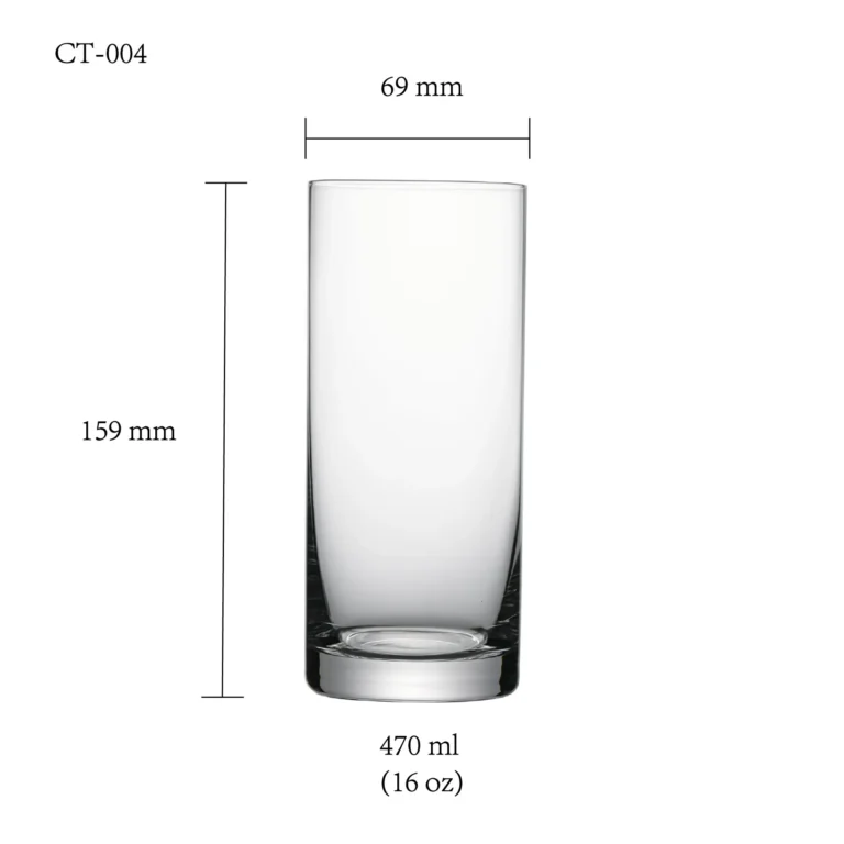 Cocktail glass size chart for model CT-004 with 190-470 ml capacities, including height and rim diameter.